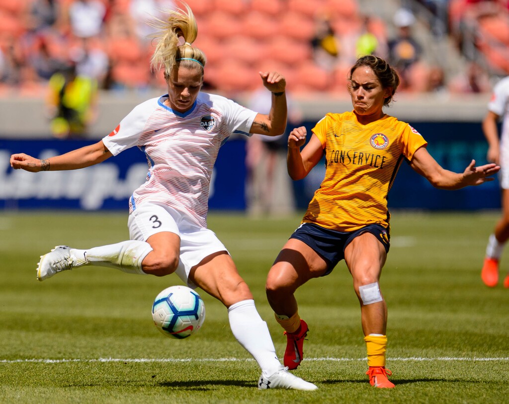 (Trent Nelson  |  The Salt Lake Tribune)  Houston Dash defender Rachel Daly (3) and Utah Royals FC midfielder Lo'eau LaBonta (9) as Utah Royals FC hosts the Houston Dash at Rio Tinto Stadium in Sandy on Saturday May 11, 2019.