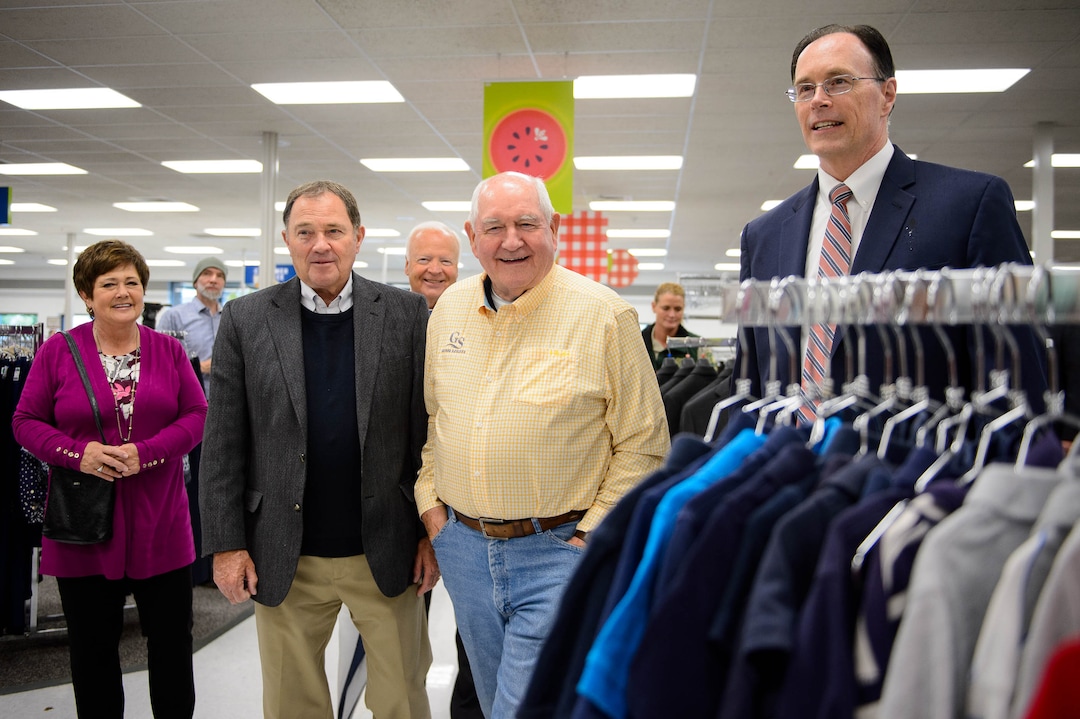 (Trent Nelson  |  The Salt Lake Tribune)  Agriculture Secretary Sonny Perdue on a tour of Welfare Square in Salt Lake City on Wednesday May 22, 2019. From left, Jeanette Herbert, Gov. Gary Herbert, Perdue, and Bishop W. Christopher Waddell.