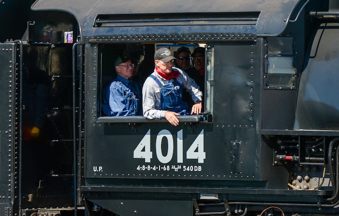 Leah Hogsten  |  The Salt Lake Tribune  Ed Dickins with Big Boy No. 4014 and the crew arrive in Ogden on Thursday.  In celebration for the 150th anniversary of the transcontinental railroadÕs completion, Union Pacific's iconic steam locomotives, Living Legend No. 844 and Big Boy No. 4014 met at Ogden Union Station, May 9, 2019.