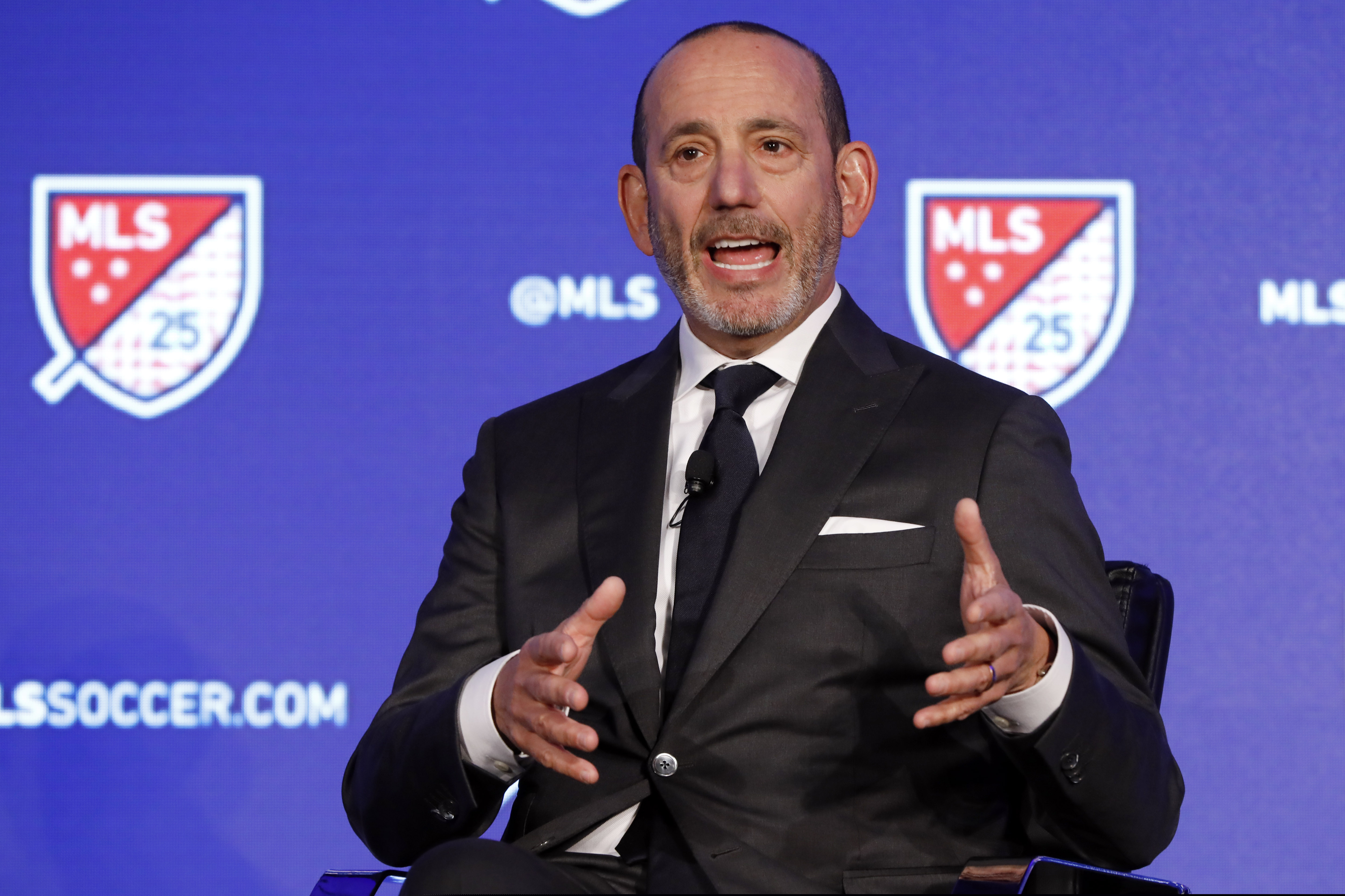 Major League Soccer Commissioner Don Garber speaks during the Major League Soccer 25th Season kickoff event in New York, Wednesday, Feb. 26, 2020. (AP Photo/Richard Drew)