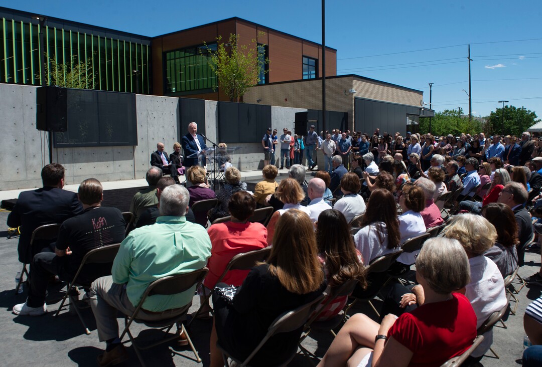 (Rick Egan  |  The Salt Lake Tribune)      Pat King says a few words at the ribbon cutting ceremony for the Geraldine E. King Women's Resource Center, one of three new shelters that will replace the Road Home. Friday, June 21, 2019.