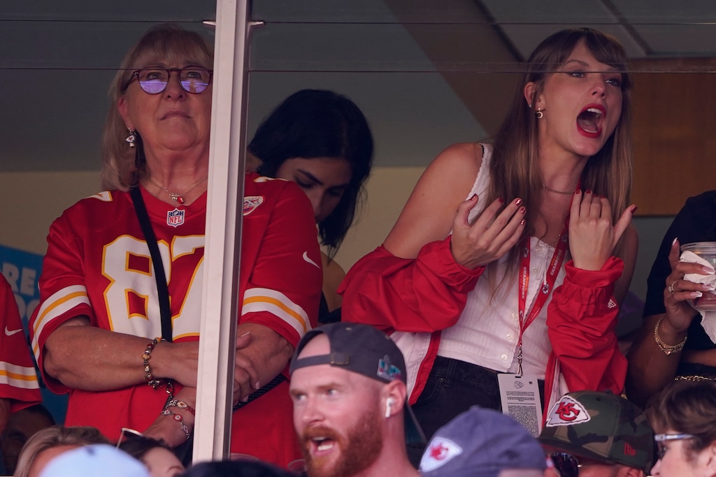 (Ed Zurga | AP) Taylor Swift, right, watches from a suite alongside Travis Kelce's mother, Donna Kelce, inside Arrowhead Stadium during the first half of an NFL football game between the Chicago Bears and Kansas City Chiefs Sunday, Sept. 24, 2023, in Kansas City, Mo.