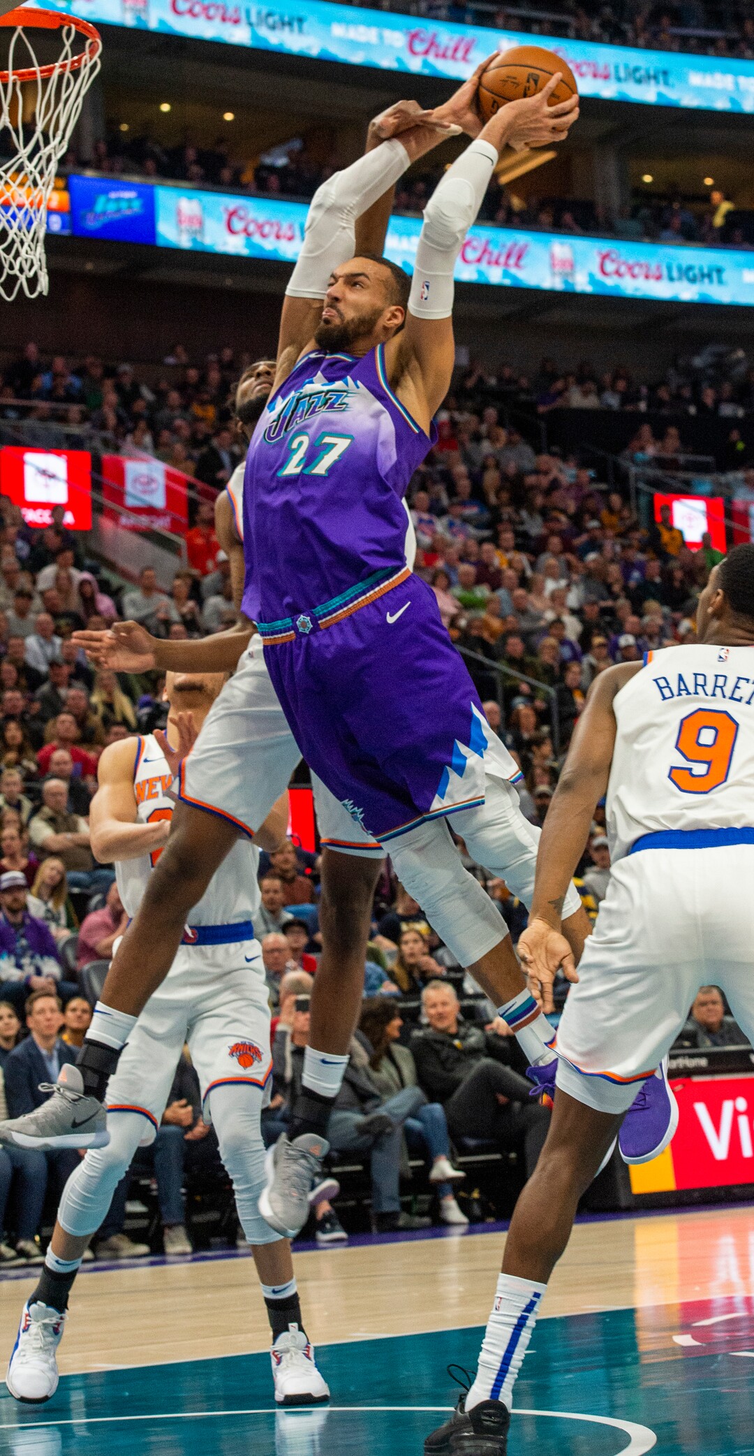 (Rick Egan  |  The Salt Lake Tribune)      Utah Jazz center Rudy Gobert (27) goes in for a slam dunk, in NBA action between the Utah Jazz and the New York Knicks, in Salt Lake City, Wednesday, Jan. 8, 2020.