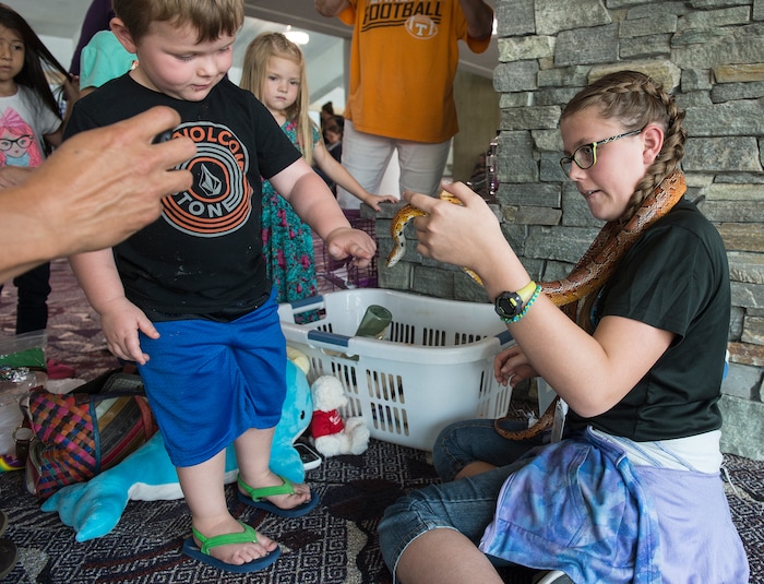 (Leah Hogsten  |  The Salt Lake Tribune) Uintah Fire evacuee Tamasin Johnson holds the family snake in the hallway of the Dee Events Center on the Weber State University campus in Ogden, after she was forced to evacuate with her family and the family's pets.The Uintah Fire is still burning through the town of Uintah and pockets of South Weber, as well as the unincorporated subdivision of Uintah Highlands.
