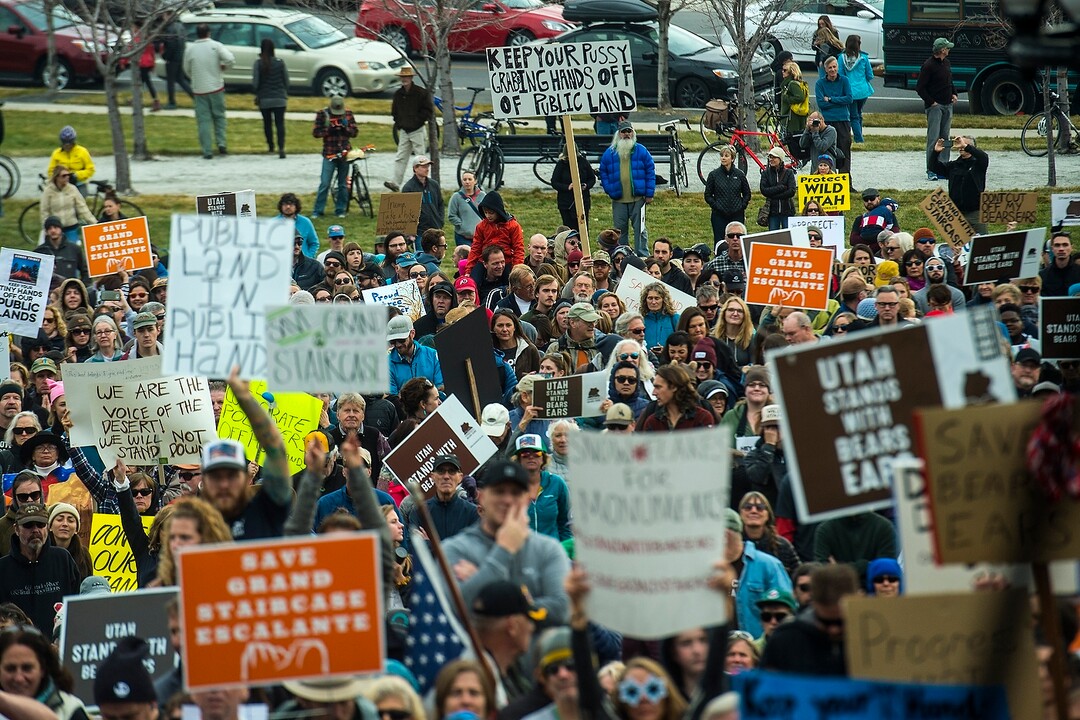 (Chris Detrick  |  The Salt Lake Tribune) Supporters of the Bears Ears and Grand Staircase-Escalante National Monuments rally at the Utah State Capitol Saturday, December 2, 2017.  Utah Highway Patrol estimated 5,000 people attended the rally. 