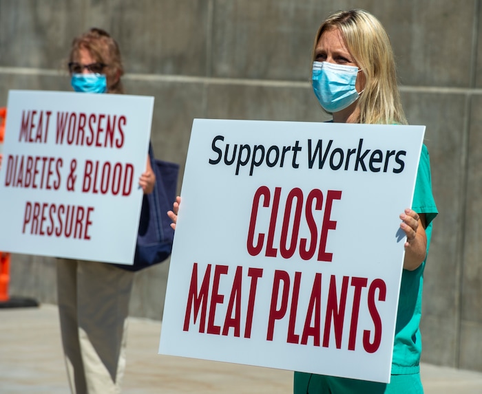 (Rick Egan | The Salt Lake Tribune) Protesters gather at the State Capitol, as the Physicians Committee for Responsible Medicine is asking Gov. Herbert to close meatpacking plants in the state to slow the spread of the coronavirus, Thursday, July 30, 2020.