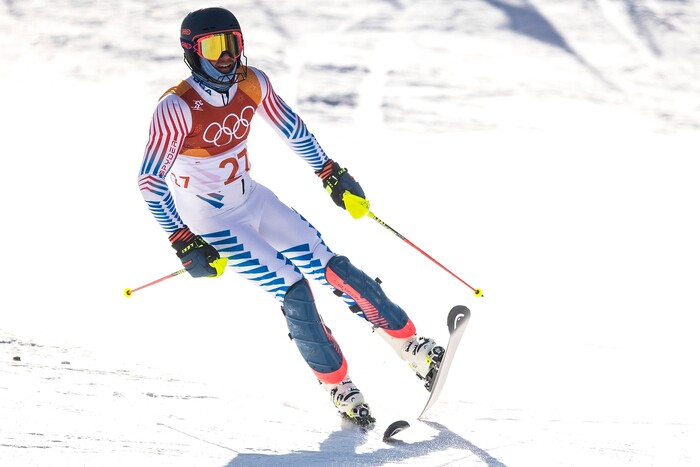 (Chris Detrick  |  The Salt Lake Tribune)  USA's Ted Ligety crosses the finish line during the Men's Alpine Combined at Jeongseon Alpine Centre during the Pyeongchang 2018 Winter Olympics Tuesday, February 13, 2018.  Ligety finished in 5th place with a time of 2:07.97.