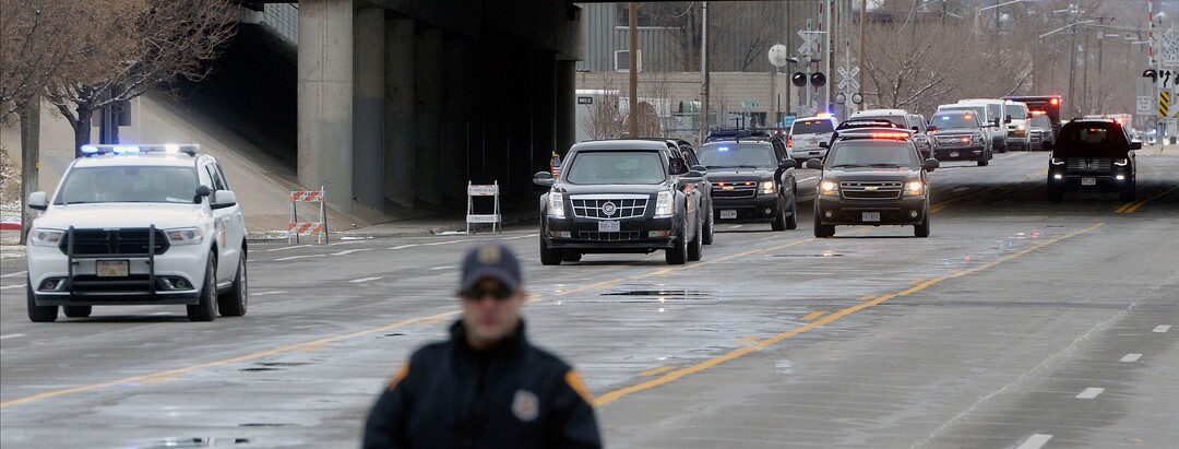 (Al Hartmann  |  The Salt Lake Tribune) 	Presidential motorcade heads west down 800 S. to LDS Welfare Square.  President Trump toured the facility with church leaders Monday Dec 4. 