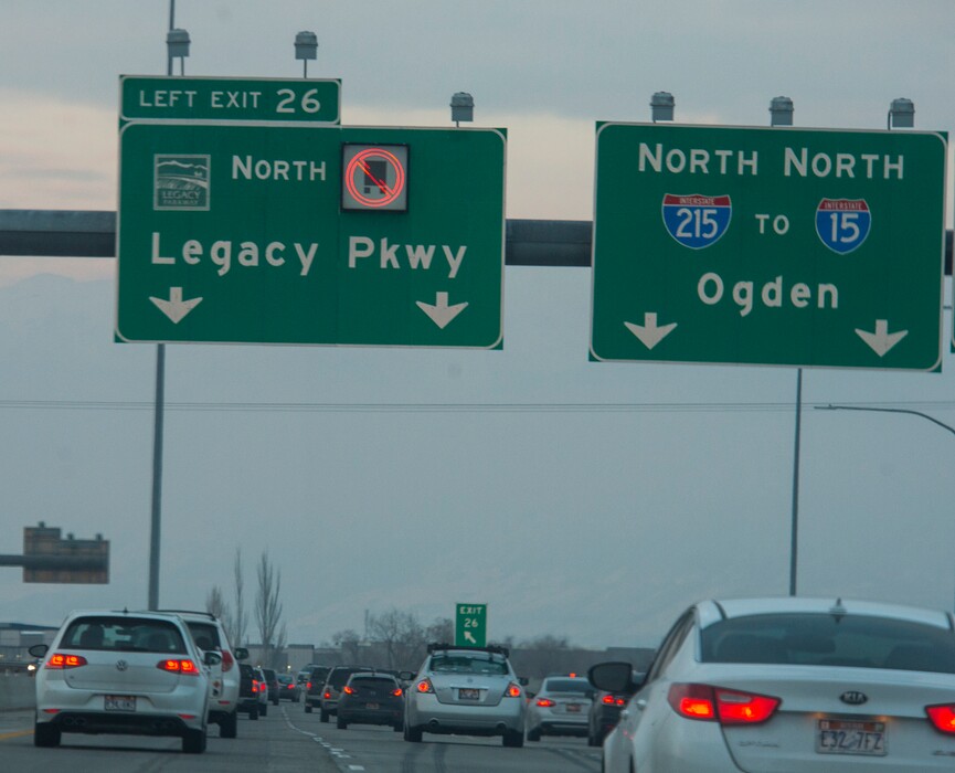(Rick Egan  |  The Salt Lake Tribune)     Sign on I-215, stating that trucks are prohibited from driving on the Legacy Parkway, Thursday, Dec. 6, 2018.