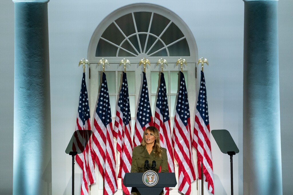(Evan Vucci | AP file photo)  First lady Melania Trump speaks to the 2020 Republican National Convention from the Rose Garden of the White House, Tuesday, Aug. 25, 2020, in Washington.