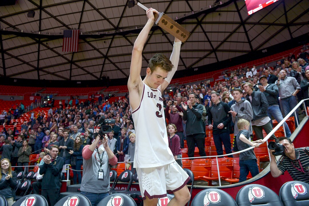 (Leah Hogsten  |  The Salt Lake Tribune) Lone Peak's Steven Ashworth (03). Lone Peak defeated Pleasant Grove 61-44 to win the 6A High School BoysÕ Basketball Tournament Championship at the Jon M. Huntsman Center in Salt Lake City, Saturday, March 3, 2018. 