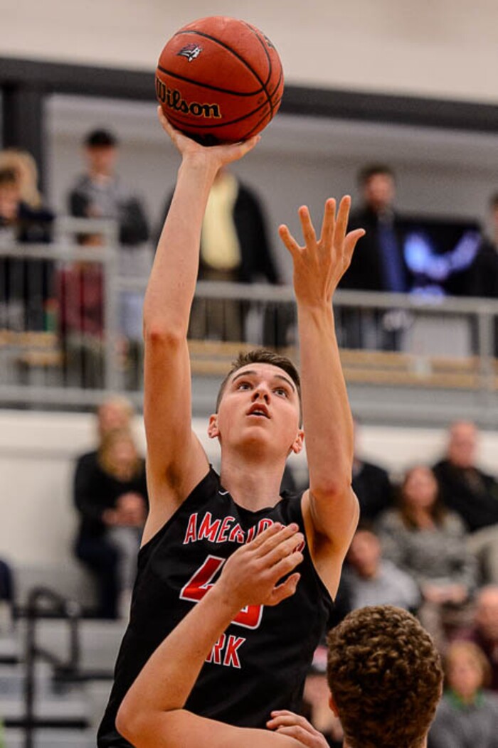 (Trent Nelson | The Salt Lake Tribune)  American Fork's Isaac Johnson shoots as American Fork hosts Olympus in the Utah Elite Eight tournament, Saturday December 9, 2017.