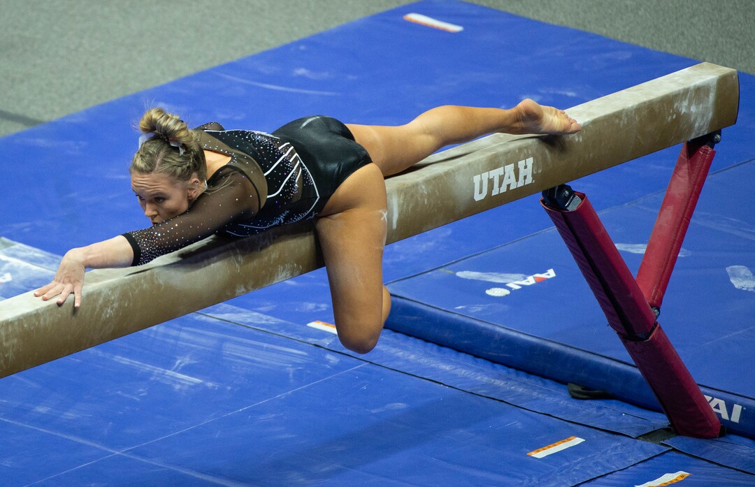 (Francisco Kjolseth  | The Salt Lake Tribune) Maile O’Keefe performs on the balance beam in PAC-12 gymnastics action Utah vs UCLA, at the Huntsman Center on Friday, Feb. 19, 2021.