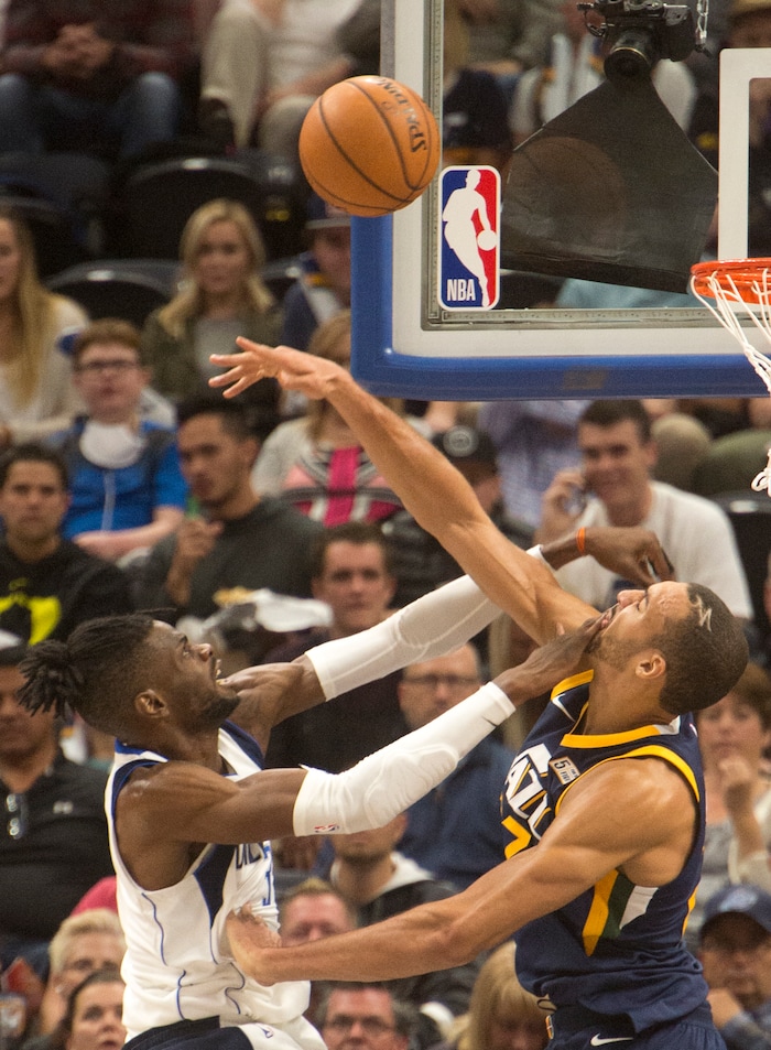 (Rick Egan  |  The Salt Lake Tribune)  Utah Jazz center Rudy Gobert (27) blocks a shot by Dallas Mavericks forward Nerlens Noel (3), in NBA action Utah Jazz vs. Dallas Mavericks, in Salt Lake City, Monday, October 30, 2017.