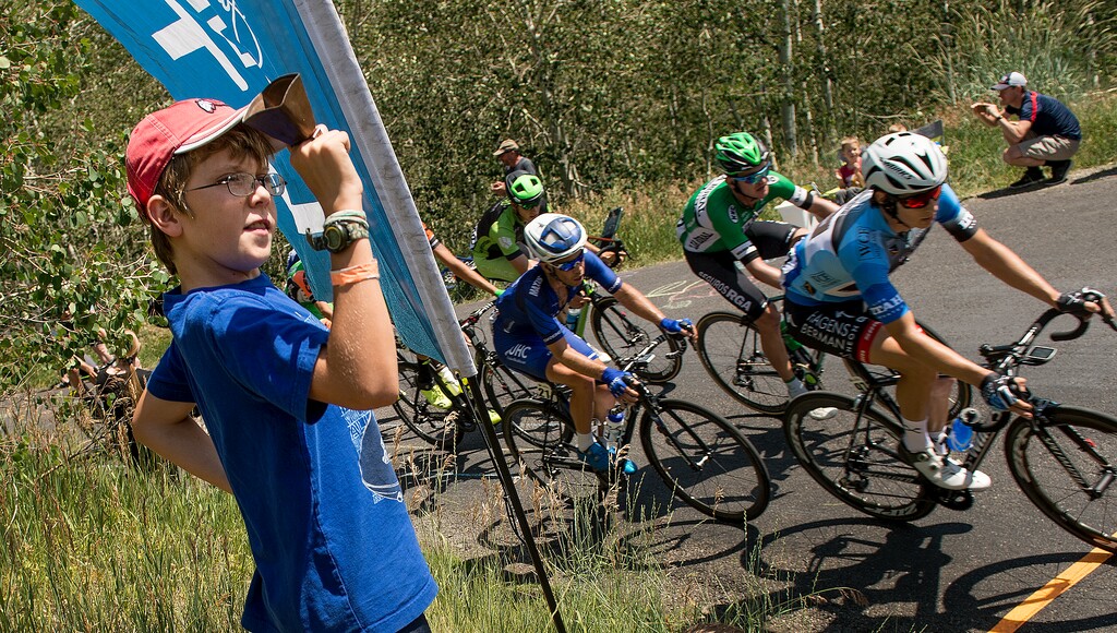 (Leah Hogsten  |  The Salt Lake Tribune)  Calvin Rockwood cheers on riders atop the Alpine Loop during Saturday's Stage 6 of the Tour of Utah.