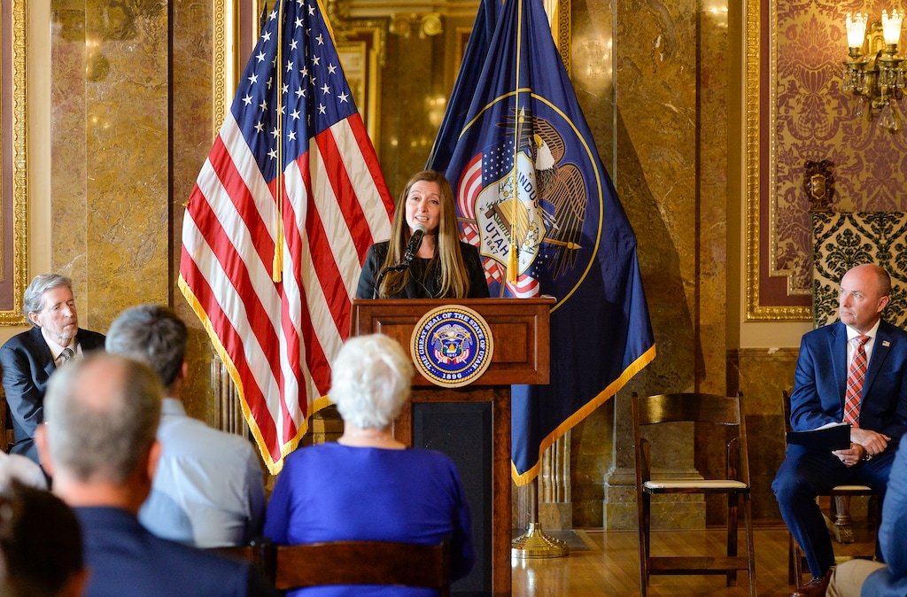 (Chris Samuels | The Salt Lake Tribune) Judge Jill M. Pohlman is introduced as a nominee to the Utah Supreme Court by Gov. Spencer Cox at the Capitol, Tuesday, June 28, 2022.