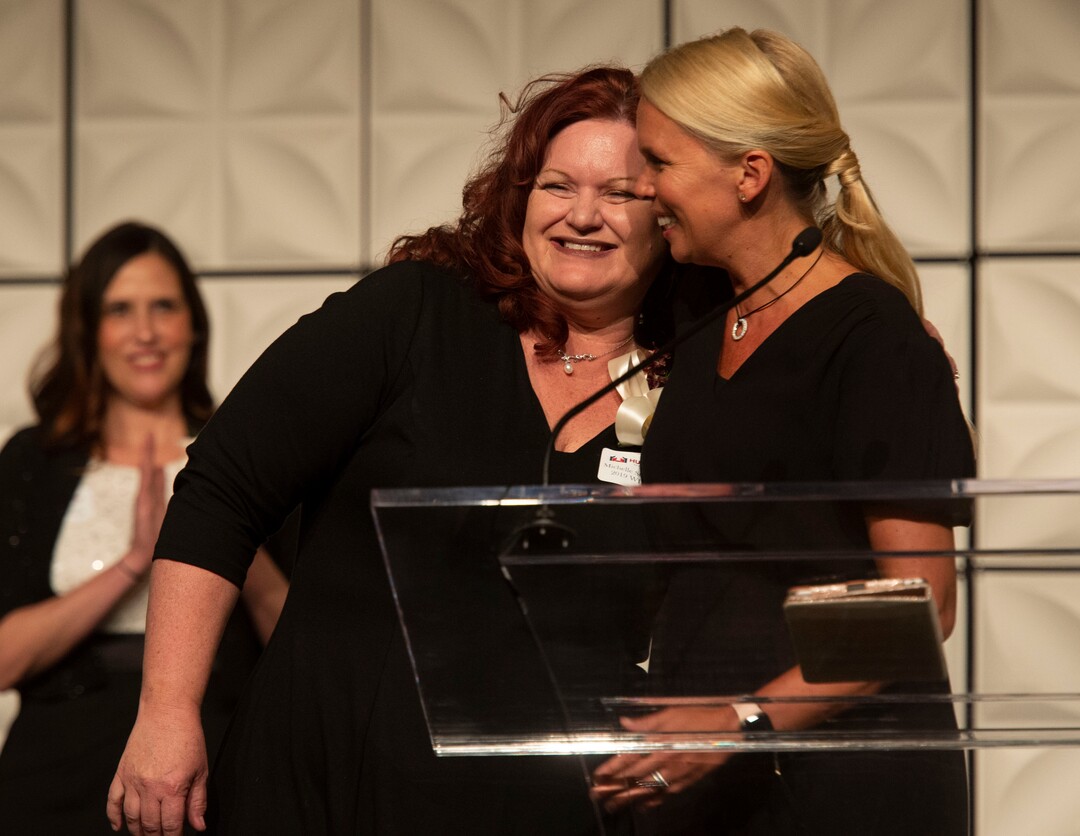 (Rick Egan  |  The Salt Lake Tribune) Education Award winner, Michelle Stephenson, elementary principal at Freedom Elementary, gets a hug from Jennifer Huntsman Parkin, at the Huntsman Awards for Excellence in Education at the Grand America, Friday,  April 26, 2019.