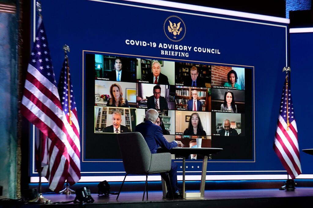 (Carolyn Kaster | AP) President-elect Joe Biden listens during a meeting with Biden's COVID-19 advisory council, Monday, Nov. 9, 2020, at The Queen theater in Wilmington, Del.