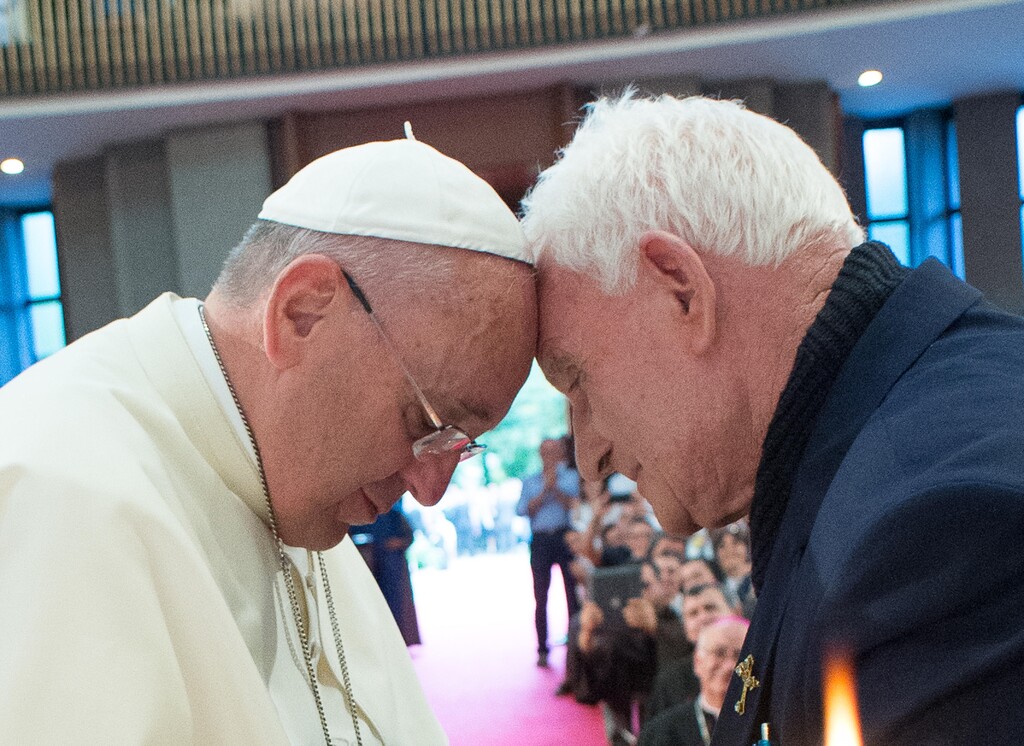 (L'Osservatore Romano/Pool Photo via AP, file) In this Sept. 21, 2014 file photo, Pope Francis meets with Rev. Ernest Troshani Simoni during his Apostolic visit to Tirana, Albania.  Tuesday, March 13, 2018 marks five years of Pope Francis' pontificate, in these five years, the world has gotten to know Jorge Mario Bergoglio, the son of Italian immigrants to Argentina who was so self-deprecating that when he emerged on the loggia of St. Peter's Basilica on March 13, 2013, as Pope Francis, he quipped that his brother cardinals had to search to the "end of the Earth" to find a new leader.