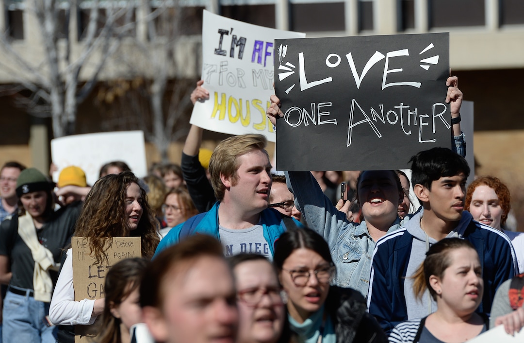 (Francisco Kjolseth  |  The Salt Lake Tribune) Students protest outside the student center at Brigham Young University in Provo, Wednesday, March 4, 2020, after an official with The Church of Jesus Christ of Latter-day Saints issued a clarification to the school's Honor Code, which said that same-sex romantic behavior is still "not compatible" with the rules at BYU.