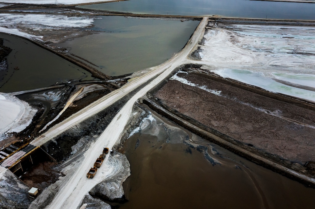 (Leah Hogsten | The Salt Lake Tribune) Aerial photographs of Compass Minerals in Ogden, Utah on April 11, 2022. Compass Minerals produces salt, plant nutrients and magnesium chloride for application primarily in North America. The company on Tuesday agreed to save water in the Great Salt Lake in exchange for paying a lower severance tax on the minerals it extracts.