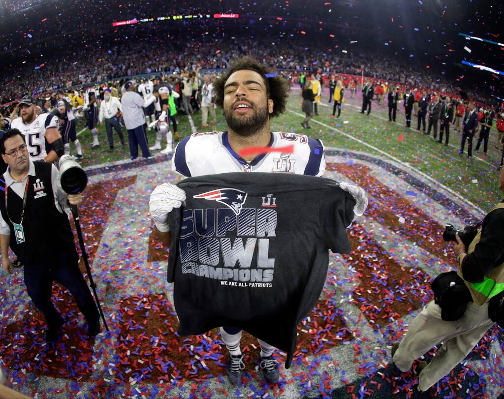 (AP Photo/Mark Humphrey) New England Patriots' Kyle Van Noy celebrates after the NFL Super Bowl 51 football game Sunday, Feb. 5, 2017, in Houston. The Patriots defeated the Atlanta Falcons 34-28 in overtime.