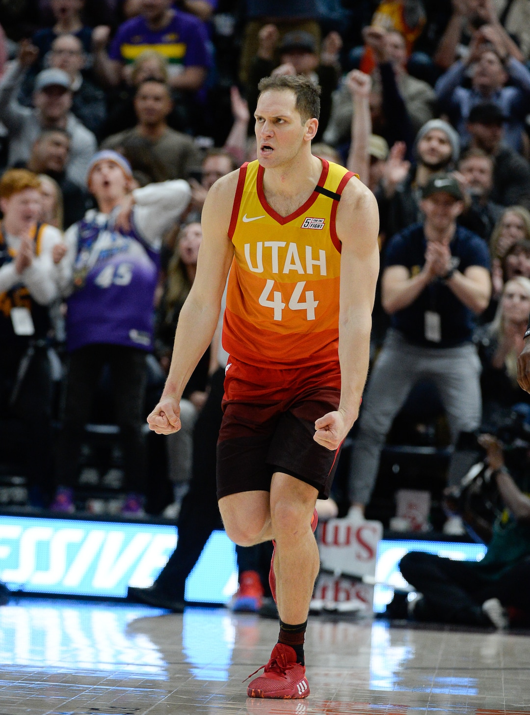 (Francisco Kjolseth  |  The Salt Lake Tribune) Utah Jazz forward Bojan Bogdanovic (44) celebrates a three pointer in the final minutes as the Utah Jazz host the Miami Heat in their NBA basketball game at Vivint Smart Home Arena in Salt Lake City on Wednesday, Feb. 12, 2020. Jazz won 116-101.