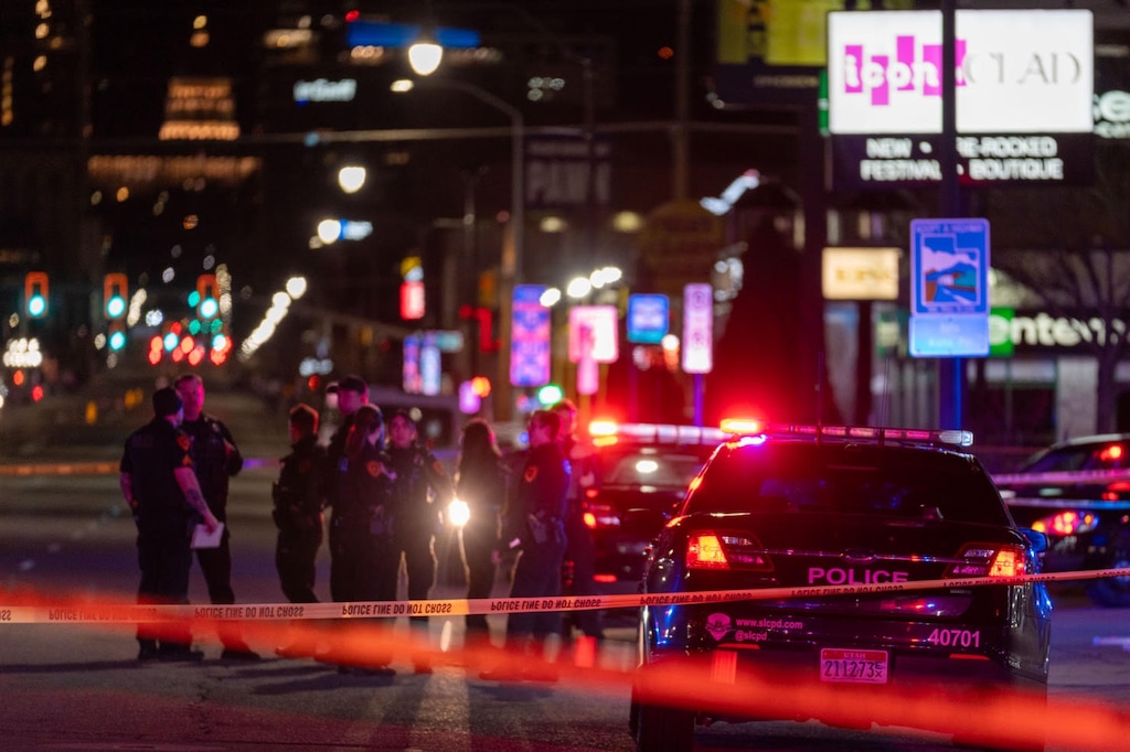 (Salt Lake City Police Department) Salt Lake City officers conduct a briefing after four officers shot and killed a man with a weapon who allegedly "challenged" them near 875 S. State St. on April 2, 2024.