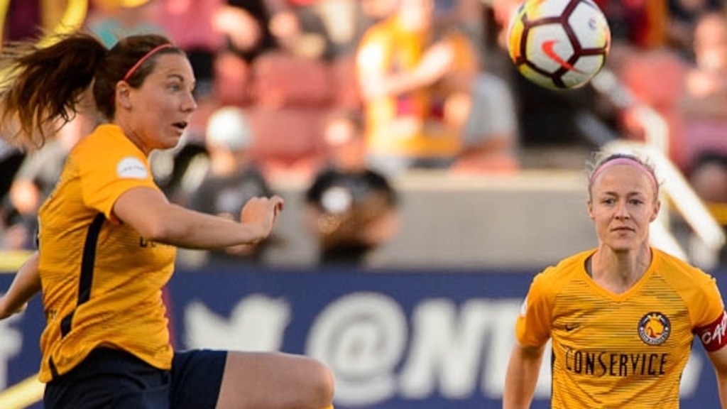 (Trent Nelson | The Salt Lake Tribune)  Utah Royals host Orlando Pride at Rio Tinto Stadium in Sandy, Wednesday May 9, 2018. Utah Royals FC defender Rachel Corsie (2) and Utah Royals FC defender Becky Sauerbrunn (4).