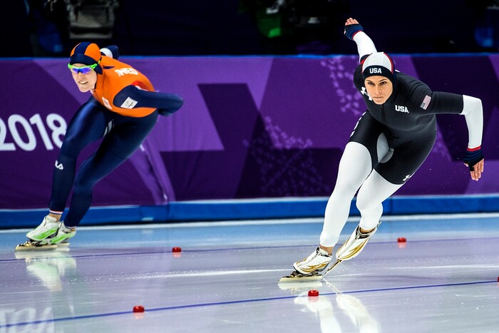 (Chris Detrick  |  The Salt Lake Tribune)  USA's Brittany Bowe races Netherlands' Jorien Ter Mors in the Ladies' 1,000m during the Pyeongchang 2018 Winter Olympics Wednesday, Feb. 14, 2018.  Bowe finished in 4th place with a time of 1:14.36.