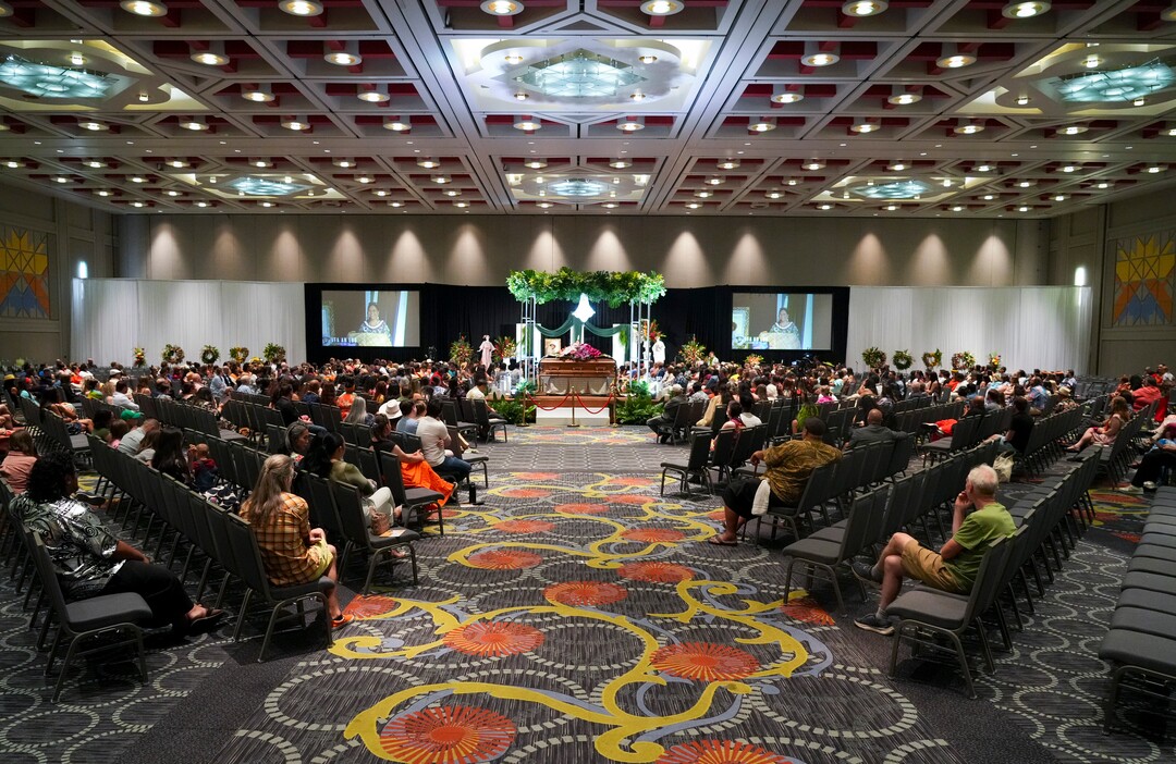 (Bethany Baker  |  The Salt Lake Tribune) People gather during the celebration of life for Afa Ah Loo, the man shot and killed during the 'No Kings' protest, during the community event at the Salt Palace Convention Center in Salt Lake City on Friday, June 27, 2025.