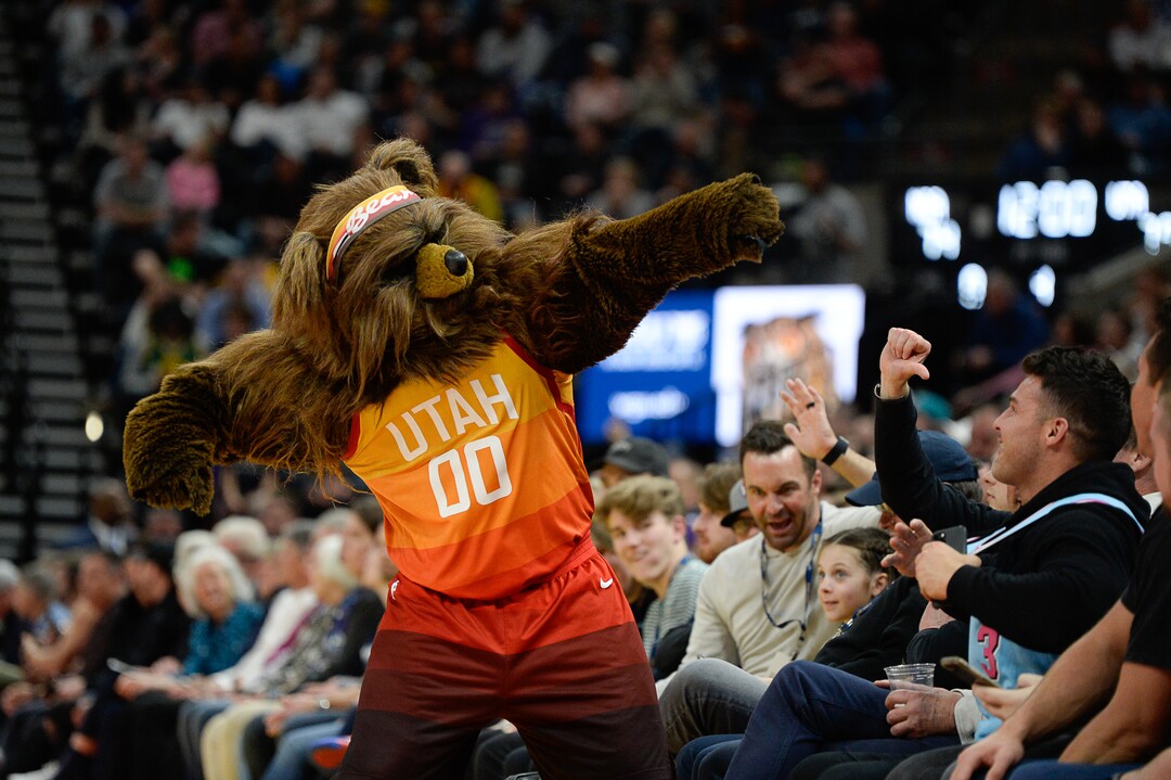 (Francisco Kjolseth  |  The Salt Lake Tribune) Bear teases a Miami Heat fan as the Utah Jazz host the Miami Heat in their NBA basketball game at Vivint Smart Home Arena in Salt Lake City on Wednesday, Feb. 12, 2020.