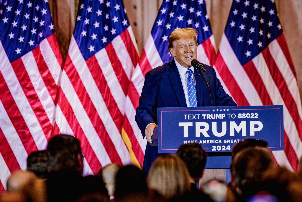 (Scott McIntyre | The New York Times) Former President Donald Trump speaks to supporters during a Super Tuesday watch party at his private club, Mar-a-Lago, in Palm Beach, Fla., on Tuesday night, March 5, 2024.
