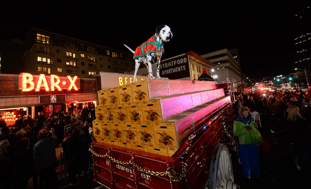 (Francisco Kjolseth  |  The Salt Lake Tribune)  April the palmation joins BudweiserÕs iconic Clydesdales as they make a special trip to Utah to celebrate the changing beer laws in the state, joined by a Òghoulish group of pallbearers,Ó on Wed. Oct. 30, 2019, for a funeral procession for UtahÕs last remaining 3.2 percent beer, on their way to Bar X, Beer Bar and JohnnyÕs on 200 South in Salt Lake City, as the state prepares to start selling 5 percent alcohol-by-volume in grocery and convenience stores starting Friday.
