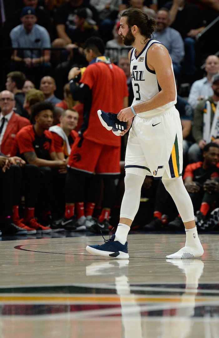 (Francisco Kjolseth  |  The Salt Lake Tribune)  Utah Jazz guard Ricky Rubio (3) loses a shoe during the game agains the Raptors in the first half of the preseason NBA game at Vivint Smart Home Arena Tuesday, Oct. 2, 2018, in Salt Lake City.