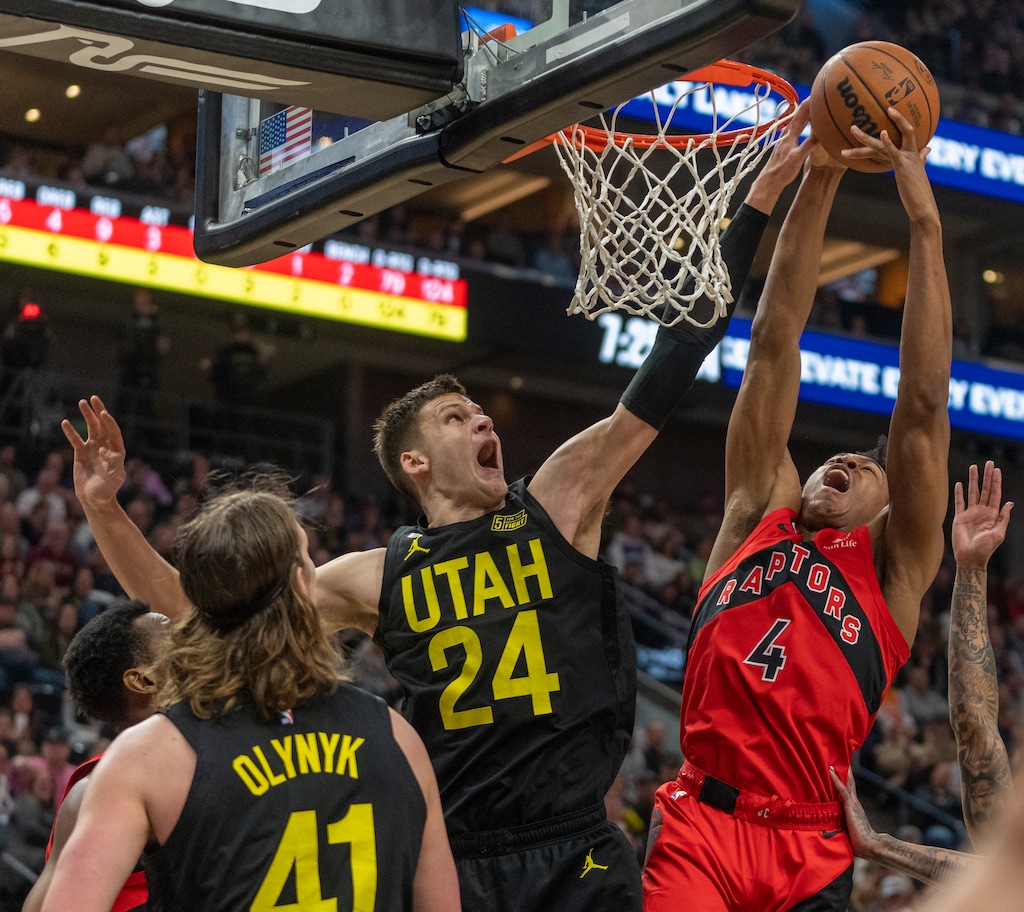 (Rick Egan | The Salt Lake Tribune) Utah Jazz center Walker Kessler (24), blocks a shot by Toronto Raptors forward Scottie Barnes (4), in NBA action between the Utah Jazz and the Toronto Raptors, on Wednesday, Feb. 1, 2023.