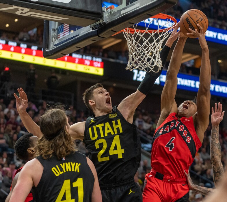 (Rick Egan | The Salt Lake Tribune) Utah Jazz center Walker Kessler (24), blocks a shot by Toronto Raptors forward Scottie Barnes (4), in NBA action between the Utah Jazz and the Toronto Raptors, on Wednesday, Feb. 1, 2023.