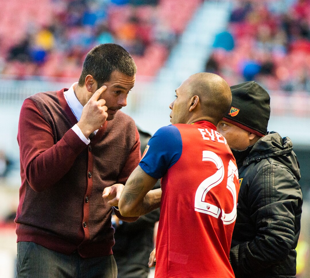 (Rick Egan  |  The Salt Lake Tribune).  Real Salt Lake head coach Mike Petke talks to Real Salt Lake midfielder Everton Luiz (25) before sending him into the game, in MLS soccer action between Real Salt Lake and Atlanta United at Rio Tinto Stadium in Sandy, Friday, May 24, 2019.