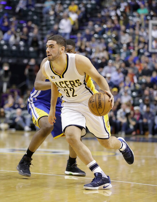 Indiana's Georges Niang goes to the basket during the second half of an NBA basketball game against the Golden State Warriors, Monday, Nov. 21, 2016, in Indianapolis. Golden State defeated Indiana 120-83. (AP Photo/Darron Cummings)