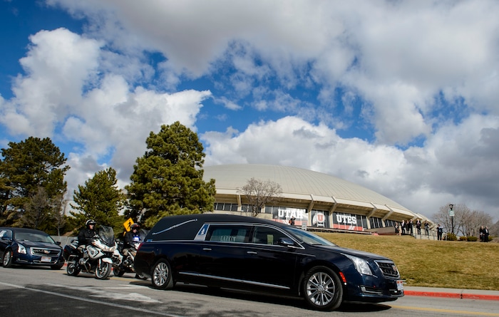 (Steve Griffin  |  The Salt Lake Tribune)  The hearse leaves the Huntsman Center following funeral services for Jon Huntsman Sr. on the University of Utah campus in Salt Lake City Saturday February 10, 2018.
