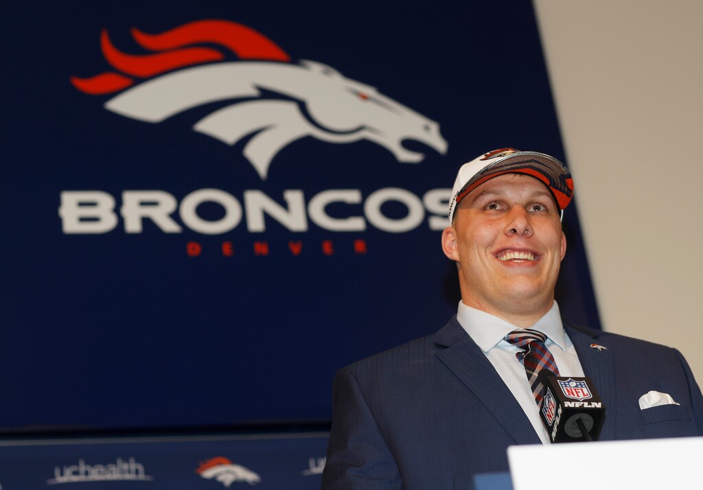 Denver Broncos first-round selection in the NFL draft, offensive tackle Garett Bolles, talks during a news conference at the team's headquarters Friday, April 28, 2017, in Englewood, Colo. (AP Photo/David Zalubowski)