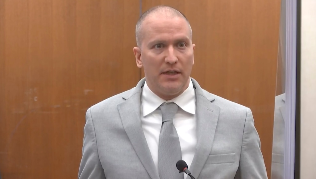 (Court TV via AP, Pool) In this image taken from video, former Minneapolis police Officer Derek Chauvin addresses the court as Hennepin County Judge Peter Cahill presides over Chauvin's sentencing, Friday, June 25, 2021, at the Hennepin County Courthouse in Minneapolis.