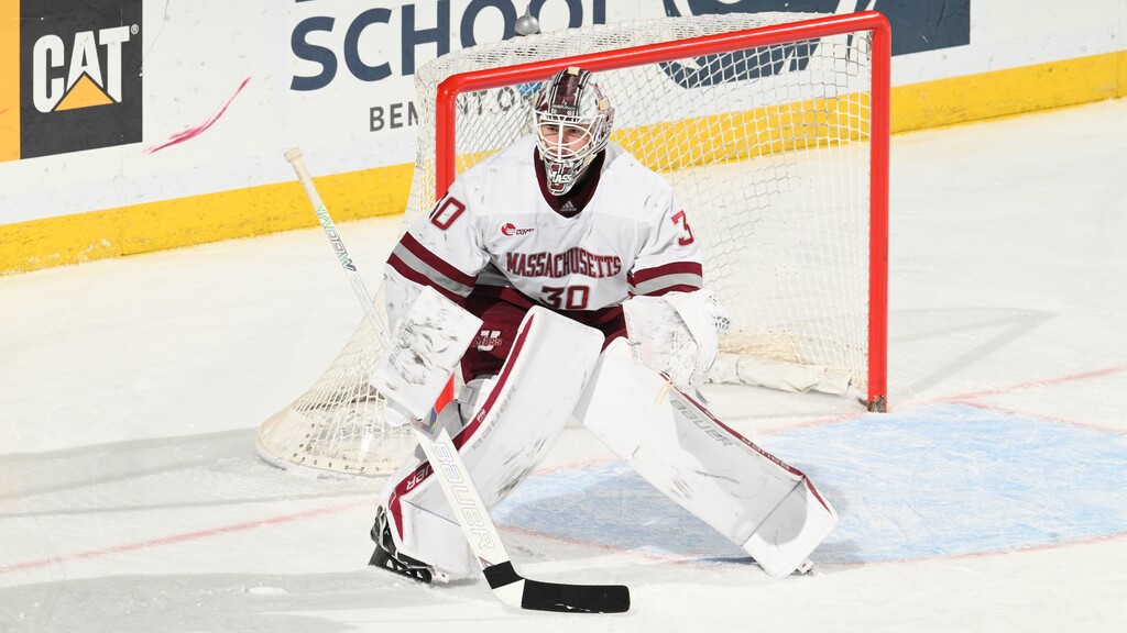 (Thom Kendall | UMass athletics) Goalkeeper Michael Hrabal (30) plays in a NCAA hockey game Jan. 12, 2025.