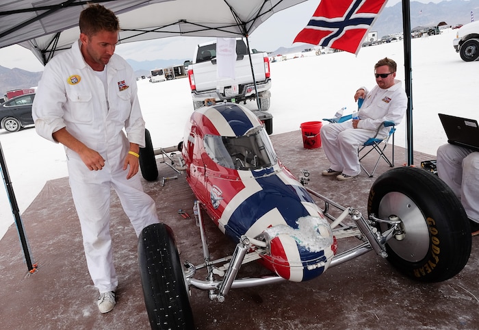 (Francisco Kjolseth  |  The Salt Lake Tribune)  Jan Toerresdal of Norway attends his first Speed Week at the Bonneville Salt Flats where he experienced a scary spin out at high speed that ripped the canopy off his custom made vehicle requiring front end work on Monday, Aug. 14, 2017.