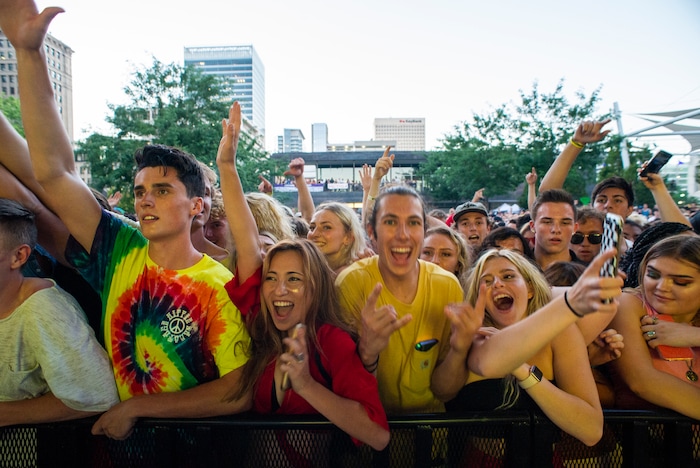 (Rick Egan  |  The Salt Lake Tribune)     The crowd cheers for Hippie Sabotage as the perform at the twilight concert series, at the Gallivan Center, Saturday, July 20, 2019.