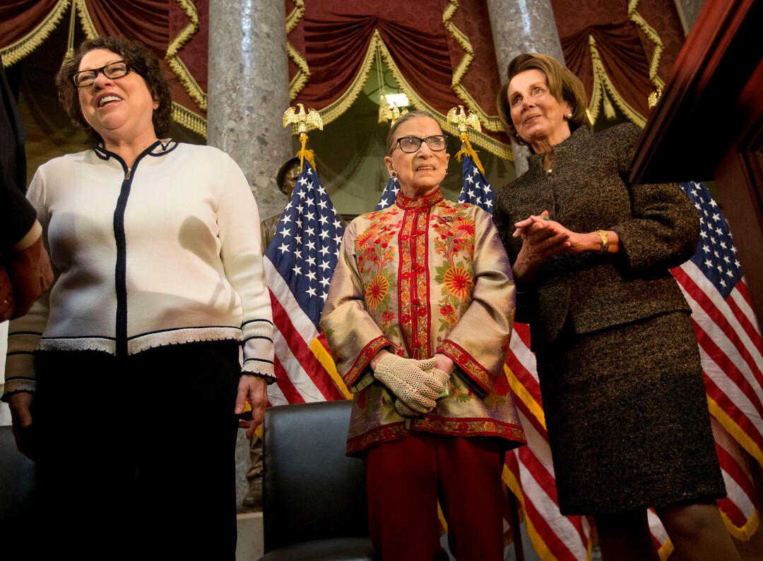 House Minority Leader Nancy Pelosi of Calif., right,  participates in her annual Women's History Month reception in Statuary Hall on Capitol Hill in Washington, Wednesday, March 18, 2015. Pelosi honored the women Justices of the U.S. Supreme Court, Associate Justices Ruth Bader Ginsburg, center, and Sonia Sotomayor. (AP Photo/Pablo Martinez Monsivais)