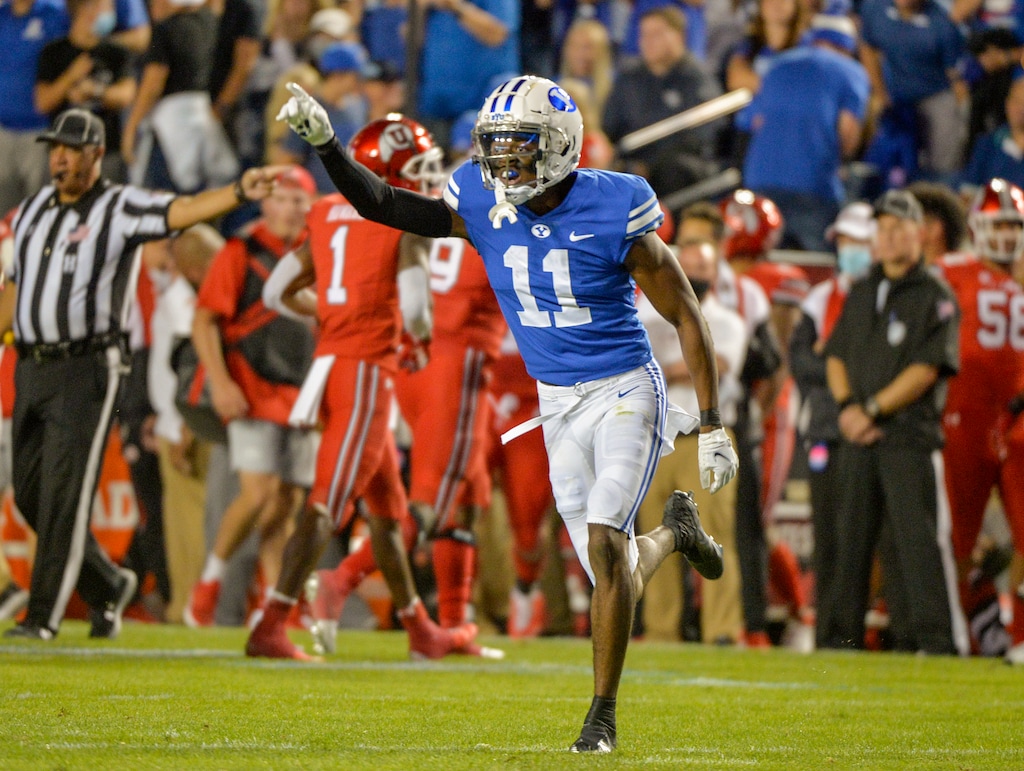 (Chris Samuels | The Salt Lake Tribune) Brigham Young Cougars defensive back Isaiah Herron (11) celebrates a turnover in the first half as the Cougars play the Utah Utes in football, Saturday, Sept. 11, 2021 in Provo.
