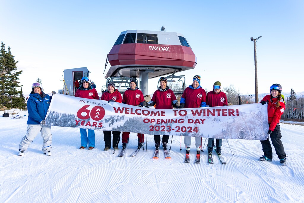 (Jack Loosmann | Park City Mountain )
Six Park City Mountain employees who worked at the resort when it opened in 1963 as Treasure Mountains loaded the first chair on Payday Express chairlift to kick off the season for the 2023-24 season on Friday, Nov. 17, 2023. They were Jim Tedford, Robert “Pokey” Richardson, Bill Latimer, Clark Parkinson, John Bircumshaw, and Allen Titensor.
