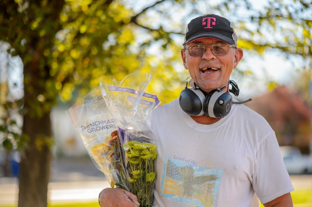 (Trent Nelson | The Salt Lake Tribune) Dave The Flower Guy in Salt Lake City on Wednesday, Oct. 21, 2020. Dave Matson has mowed lawns for nearly 50 years. He has cerebral palsy and has lived with his mom, who died recently. Now he finds himself on his own, without enough money from Social Security to pay his rent.