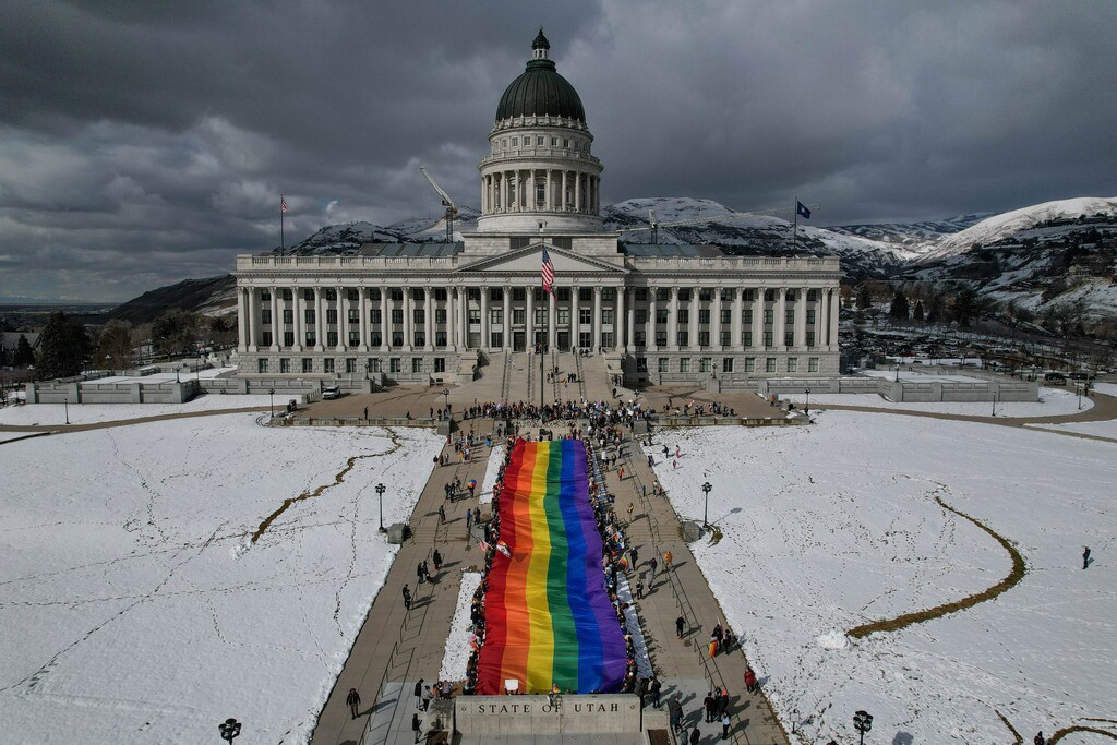(Francisco Kjolseth | The Salt Lake Tribune) The Utah Pride Center sponsors a protest at the Utah Capitol over HB77, a bill that bans pride flags from Utah schools and government property, on the last day of the Legislative session, Friday, March 7, 2025.